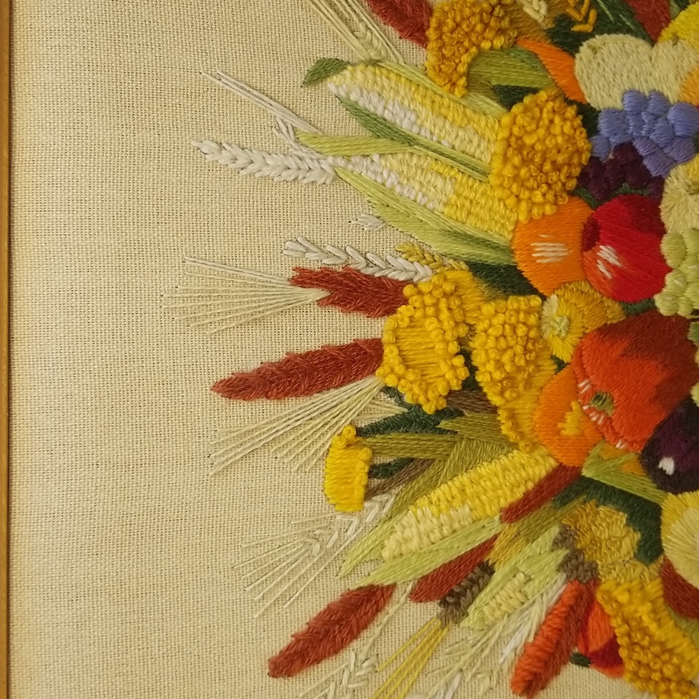 Large Vintage Crewel Embroidered Fruit Vegetable Basket Wall Hanging Pic… - Picture 9 of 17